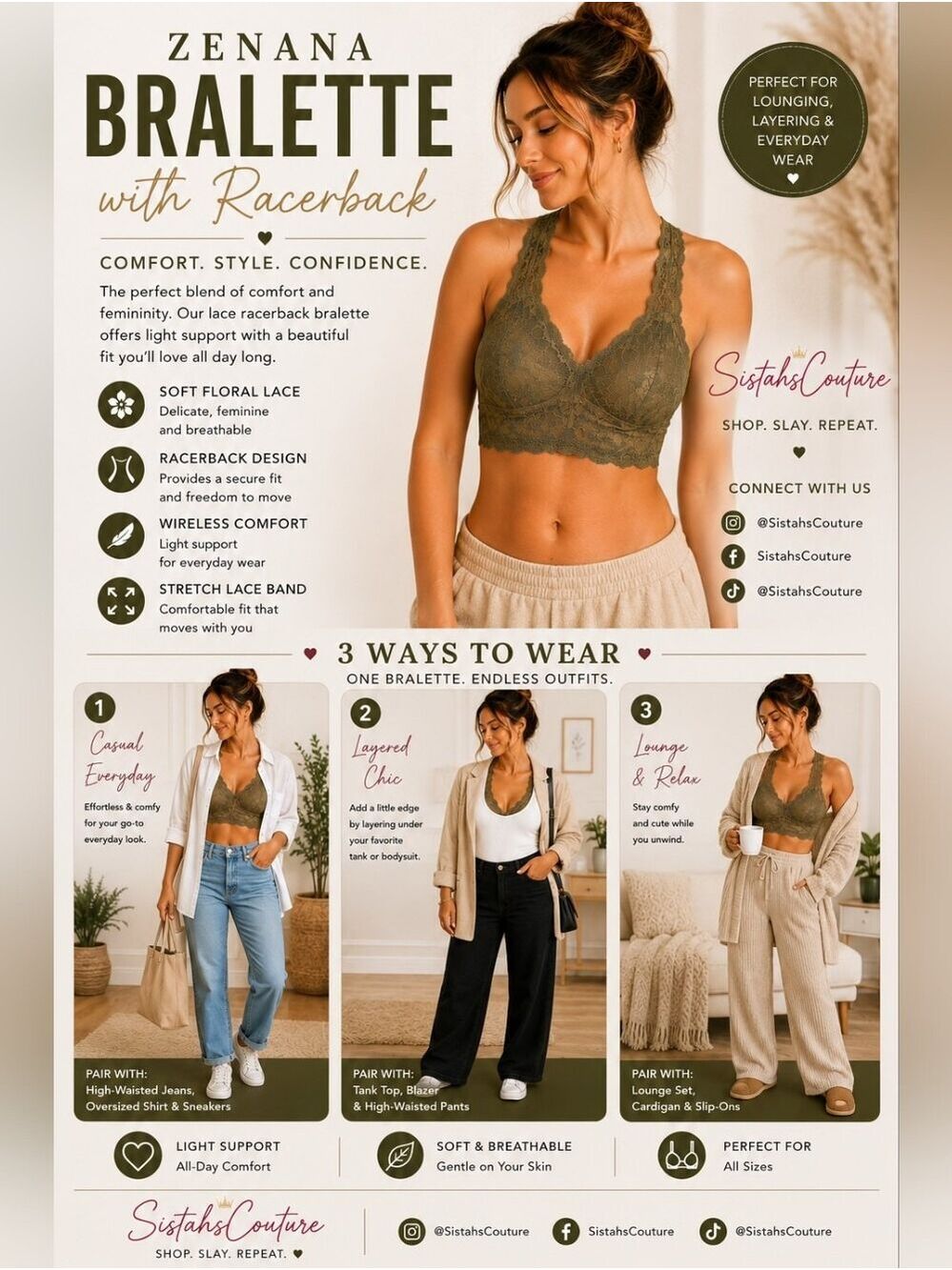 💚 ZENANA Lace Olive Green Racerback Bralette | Boho Chic Everyday Essential - Picture 2 of 7